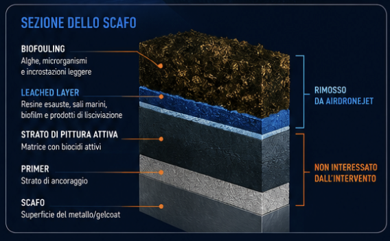 Sezione dello scafo: biofouling e leached layer rimossi da AirDroneJet, pittura attiva, primer e scafo non interessati dall'intervento